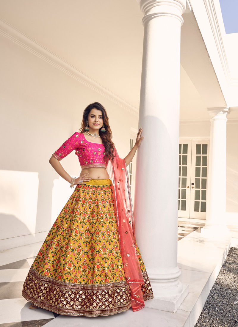 Mustard And Pink Colour Heavy Wedding Wear Silk Bridal Lehenga Latest Collection 1915